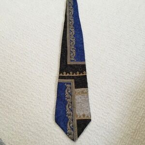 Vtg Pierre Cardin Mens Silk Necktie Blue Black Gold Scroll Pattern Formal